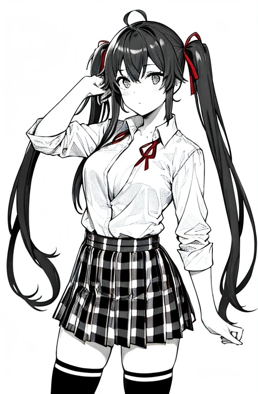 1 girl as yukino yukinoshita, absurdres, highres, solo, school uniform, big breasts, waist long black hair, twintails, miniskirt, black thighhigh socks, loose red ribbon, unbuttoned white shirt