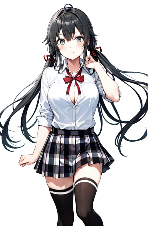 1 girl as yukino yukinoshita, absurdres, highres, solo, school uniform, big breasts, waist long black hair, twintails, miniskirt, black thighhigh socks, loose red ribbon, unbuttoned white shirt