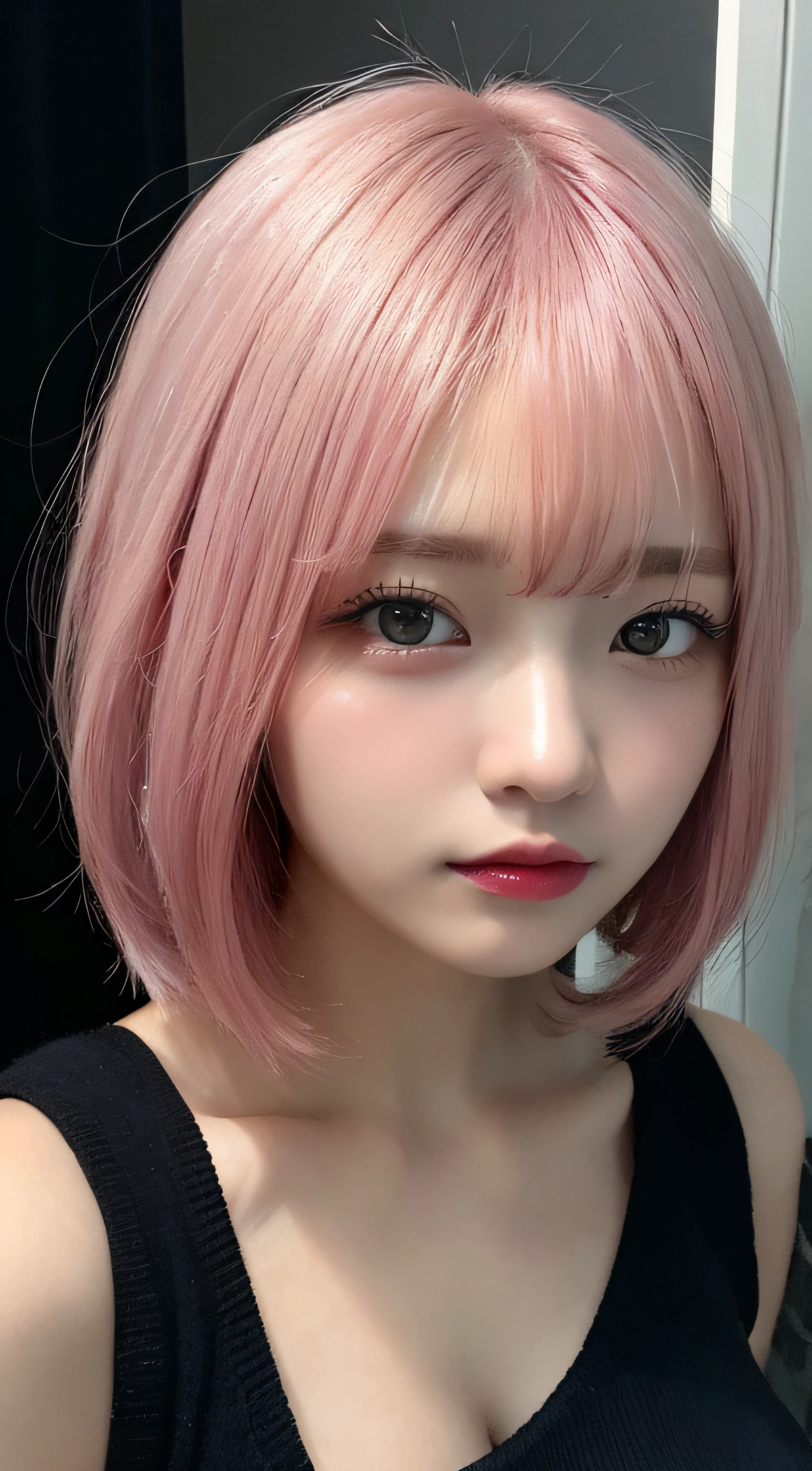 masutepiece, Best Quality, Illustration, Ultra-detailed, finely detail, hight resolution, in 8K,Wallpaper, Perfect dynamic composition, Beautiful detailed eyes, Black sweater,Short bob hair、Pink hair color,Big Natural Color Lip, Bold sexy poses,deadpan、cold stare,Harajuku、20 years girl、Cute、Sexy shot looking at camera、In a dark room