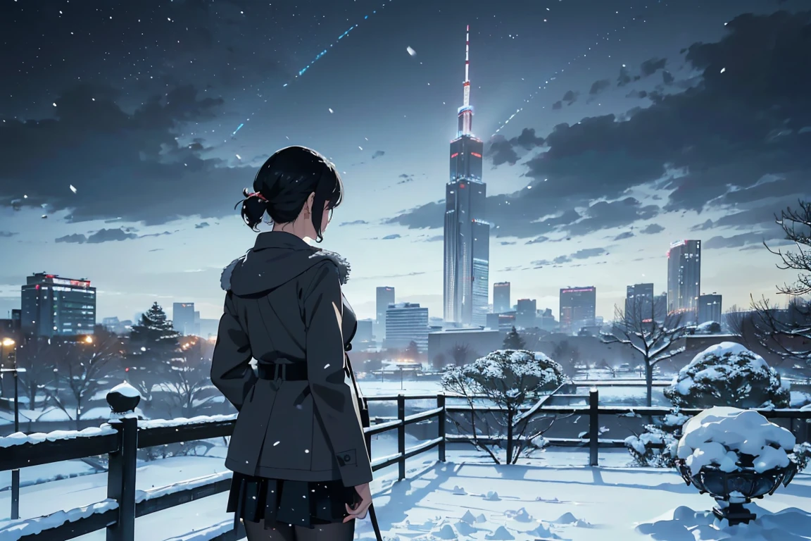 ((masterpiece)), ((top-quality)), (hight resolution), (extremely detailed CG unified 8k wallpaper),(Angle from above),(kotonoha no niwa:1.3),Shinkai Makoto style,((beautiful night scene:1.4),(f/2.8,35m,Beautiful lighting,光线追踪),(((very dark background))),depth of field,(Midnight:1.4),midwinter,(cloudy ash sky:1.2),(Detailed Shinjuku Gyoen National Garden), (In the midst of falling snow:1.4),(from behind),((Chilling Wind)),(Large snow:1.4),((Wear a long coat)),(Standing in the detailed Shinjuku Gyoen National Garden 1.4),TOKYOcty,Shinjuku,Loud shouting gesture:1.4),((Put your hands on your chest)),Black pantyhose,((Detailed distant cityscape)),Residential area,condominium,apartament,looking at the city,serene ambiance.(Pixie Cut),Hair in the ears,Profile of the character,One 28-year-old female teacher,(large full breasts:1.2),Cute Uniform,Long skirt with red plaid pattern,sleeveless,Photorealsitic,Background Focus, 4K Digital Paint