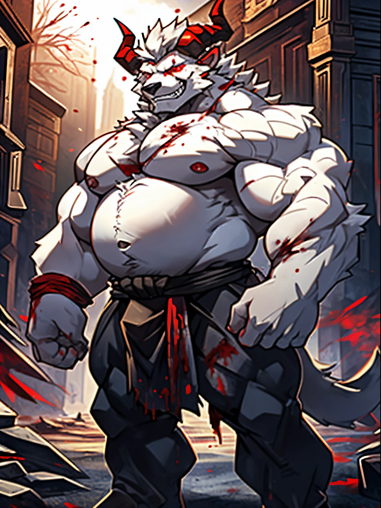 Bodybuilder, white polar bear, terroral,blood vess,rampage,zombie,Blood on the body,The corners of his mouth were stained with blood,solo person,White body,White ears,White hair,White fur,Overall white,Black-blue eye, daddy,Wear a red fundoshi,Ultra-clear screen,Soft lines, ((white fur), (Grin face), (Menacing look),(Demon horn), (Pair of Black-Red horn on head),(long straight horn), (Muscle gut body))