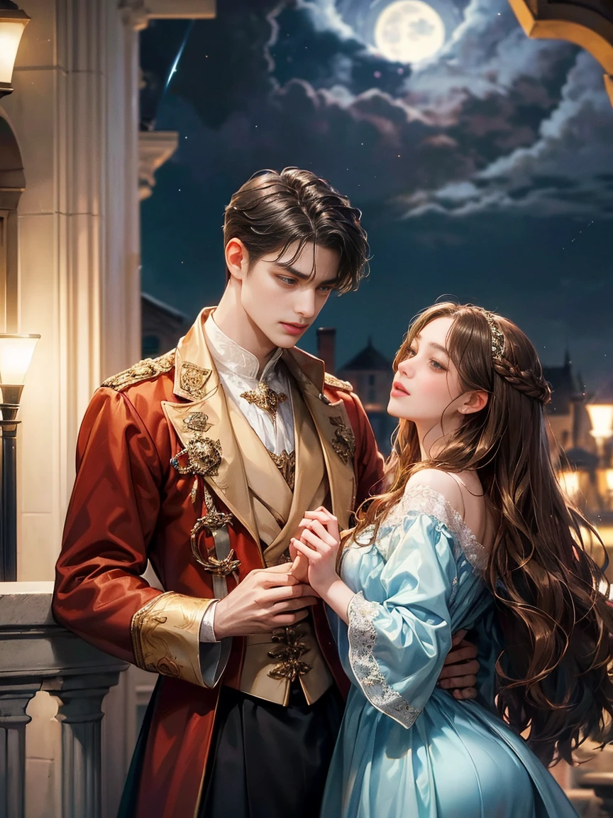 Couple, 1 girl 1 boy. Different hair color, longe brown wavy hair, no bangs and brown eyes, Renaissance dressing gown , short black hair, wavy hair and (sky blu eyeale Renaissance dress. They look into each other's eyes and dance, height different, detailed face, detailed hands. They are on a balcony, at night in the moonlight