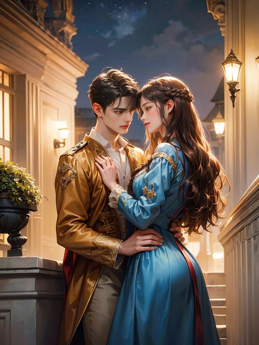 Couple, 1 girl 1 boy. Different hair color, longe brown wavy hair, no bangs and brown eyes, Renaissance dressing gown , short black hair, wavy hair and (sky blu eyeale Renaissance dress. They look into each other's eyes and dance, height different, detailed face, detailed hands. They are on a balcony, at night in the moonlight