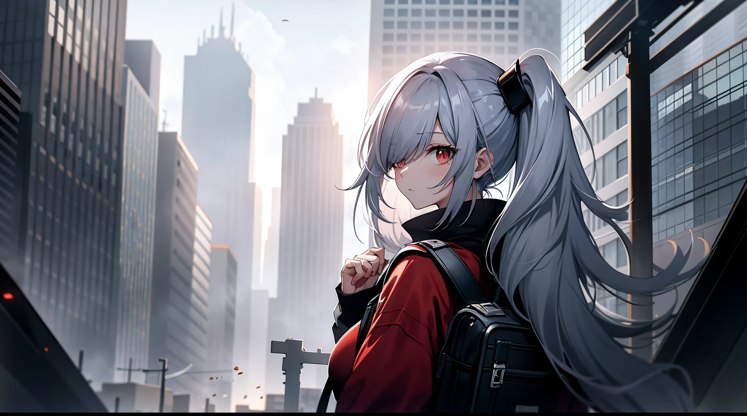 （（tmasterpiece：1.4, Best quality））+, （hyper-detailing）+, （exquisite red eye：1.5）+, （Detailed ears：1.5）, （cute girls）, （Tight white silk：1.5）, Tight white silk, Long hair details，Side double ponytail，no headwear，（Black flowers：1.2）, pale-skinned, （red cloth：1.5）, （Black Martin boots：1.4）, Towering trees in the city，Surrounded by huge black trees, The whole city  shrouded in thick fog,Mechanicalweapon， Construction machinery，Giant black crystals are scattered throughout the city，Looking up at tall buildings from the street，Flying dust，black flag，sun in clouds，（Wanderers：1.1）, （dawn light：1.2）, ）, （closeup cleavage：1.1）, the only person, the clock tower, bright gray hair, hair covering one eye, Gloom (have expressed), from back, from the above, Best quality, A high resolution, high detal, high high quality, 16k