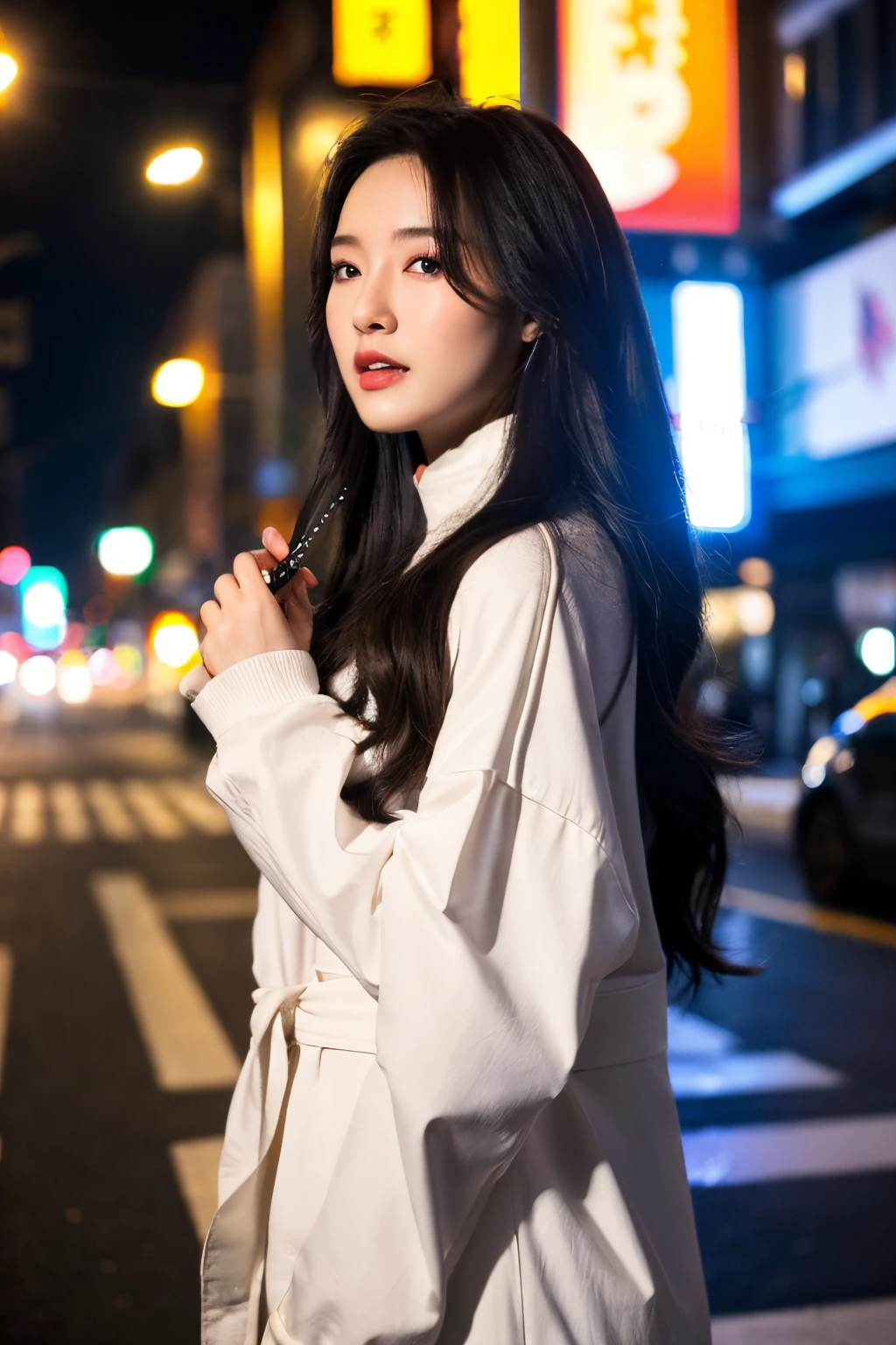 ((Best quality at best)), ((tmasterpiece)), (movie aesthetic:1.4) Beautiful Korean fashion model bokeh city night photo