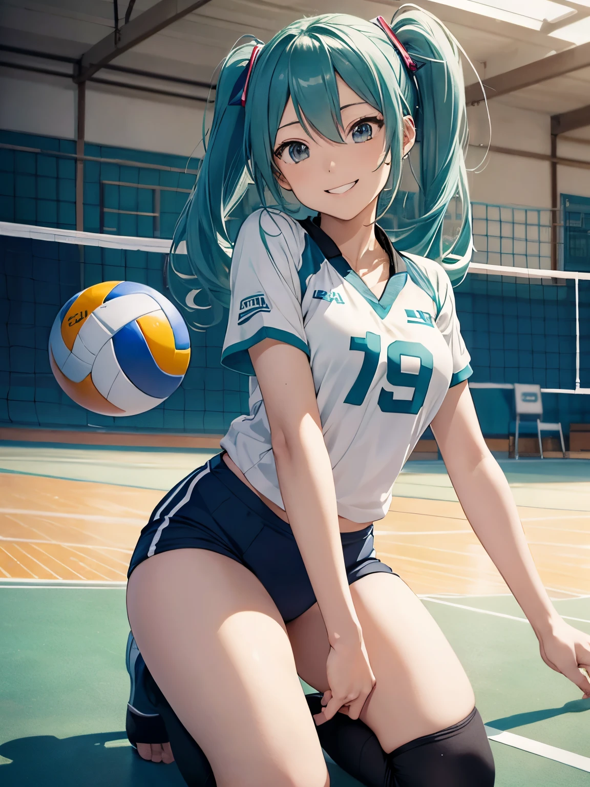 miku hatsune,Haikyuu,Beautiful breasts,1 Lady Solo, /(Volleyball uniform/), (masterpiece best quality:1.2) Ultra-detailed and delicate illustrations, (Indoor Volleyball Court/),Jump high,spikes,A smile