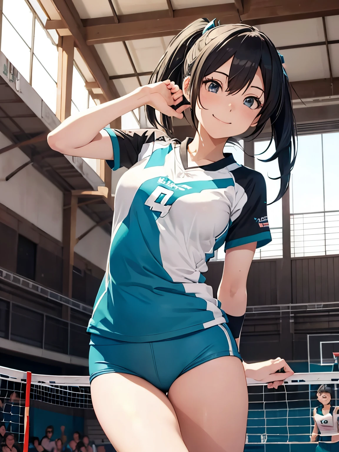 miku hatsune,Haikyuu,Beautiful breasts,1 Lady Solo, /(Volleyball uniform/), (masterpiece best quality:1.2) Ultra-detailed and delicate illustrations, (Indoor Volleyball Court/),Jump high,spikes,A smile