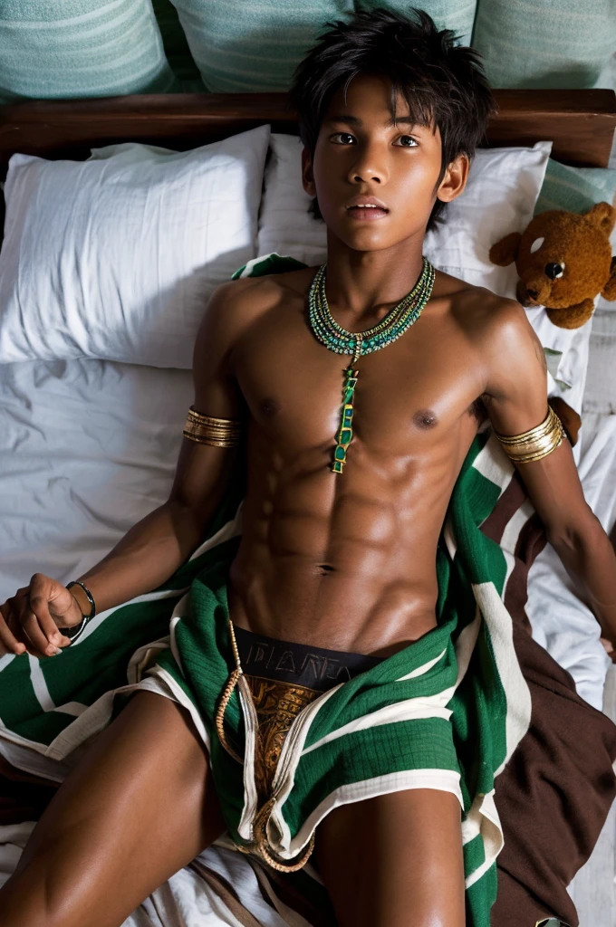 A slender muscular tribal boy wearing a tattered loincloth and an ivory necklace., old, His wrists are chained to the bed.