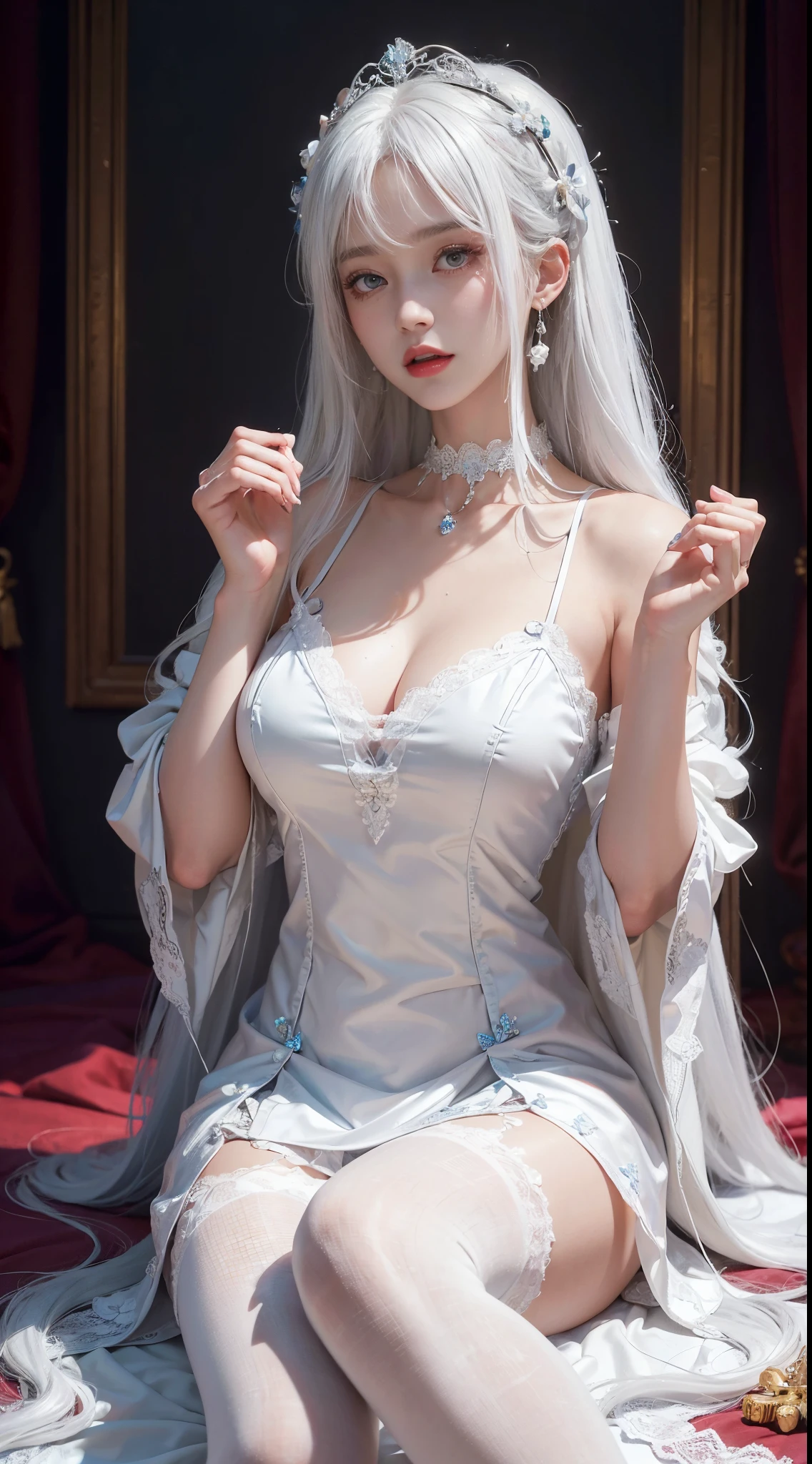 (((Colorful hair, [White hair]))), Ultra-realistic 8k CG, picture-perfect face, flawless perfection, Clean, tmasterpiece, professionalartwork, famousartwork, 电影灯光, cinematicbloom, s the perfect face,(young:1.2),((20yr old)), pretty  face, pretty eyes, (((Perfect female body, Willow waist))), Young princess, Royal, Holy, goddes, Holy, (royal palace), fanciful, It's like a dream, unreality, scientific fiction, (normal:1.2), Lolita costume，Beautiful outfit, Lace, Lace edges, Lace-trimmed tights, NSFW,, Ridiculously long hair, Very long hair, (Rich:1.4), choker necklace, 耳Nipple Ring, bangle, armlets, view the viewer,(Tong:1), (Hands have up to five fingers), (Redlip)