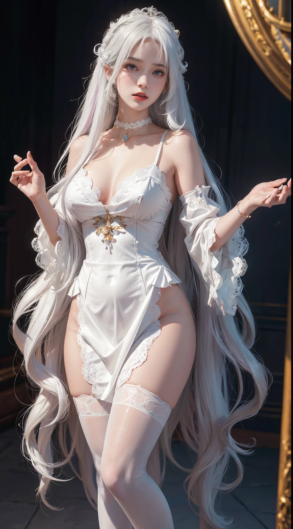 (((Colorful hair, [White hair]))), Ultra-realistic 8k CG, picture-perfect face, flawless perfection, Clean, tmasterpiece, professionalartwork, famousartwork, 电影灯光, cinematicbloom, s the perfect face,(young:1.2),((20yr old)), pretty  face, pretty eyes, (((Perfect female body, Willow waist))), Young princess, Royal, Holy, goddes, Holy, (royal palace), fanciful, It's like a dream, unreality, scientific fiction, (normal:1.2), Lolita costume，Beautiful outfit, Lace, Lace edges, Lace-trimmed tights, NSFW,, Ridiculously long hair, Very long hair, (Rich:1.4), choker necklace, 耳Nipple Ring, bangle, armlets, view the viewer,(Tong:1), (Hands have up to five fingers), (Redlip)