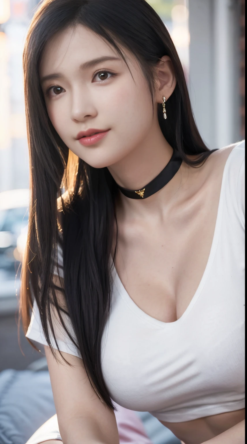 8K,hyper HD,tmasterpiece, Best quality, cinematic Film still from, 1 plump girl, the street, Low-cut transparent dress, Colossal tits,humongous large breast,low chest, closeup cleavage, bright, cheerful, Warm and soft lighting, (fog atmosphere: 0.7) cap,(Low-cut T-shirt:1.3),Wear earrings,overmany,ssmile, choker necklace,Colossal tits