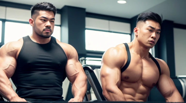 (Very detailed 8k wallpaper), two asian men, muscle worship, arms folded, At the gym, high detailing, buzzcut, very large and strong body, bulging muscles, well-muscled, very large pectoral muscles. Very sexy abs, legs are muscular, Toned figure, lightens oily skin, muscular, Tank top, T-shirt, longshot, Wide Shot