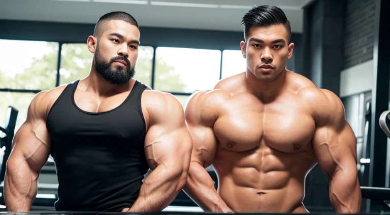 (Very detailed 8k wallpaper), two asian men, muscle worship, arms folded, At the gym, high detailing, buzzcut, very large and strong body, bulging muscles, well-muscled, very large pectoral muscles. Very sexy abs, legs are muscular, Toned figure, lightens oily skin, muscular, Tank top, T-shirt, longshot, Wide Shot
