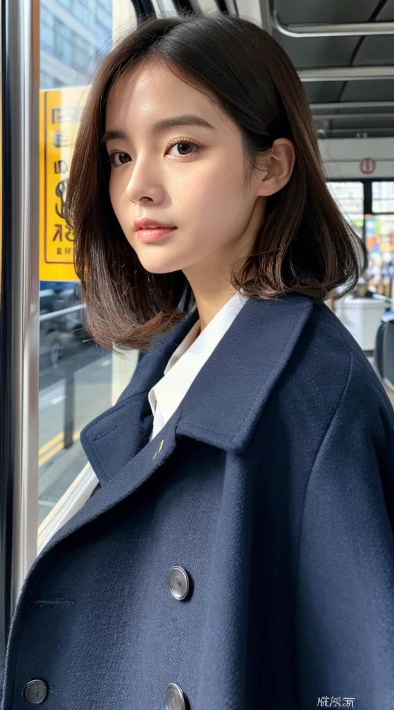 Top image quality、masterpiece、Beautuful Women、japanes、25-years old、On the train、(masuter piece:1.3)、(in 8K、Photorealsitic、Raw photography、top-quality:1.4)、(a girl)、Beautiful expression、(Lifelike face)、(A dark-haired、Realistic eyes beautiful details、(real looking skin)、navy blue coat、absurderes、enticing、ultra res、A hyper-realistic、high detal、the golden ratio、Straight face、long、Loose perm、Beautiful Japan Woman、The whole body is reflected、frontage