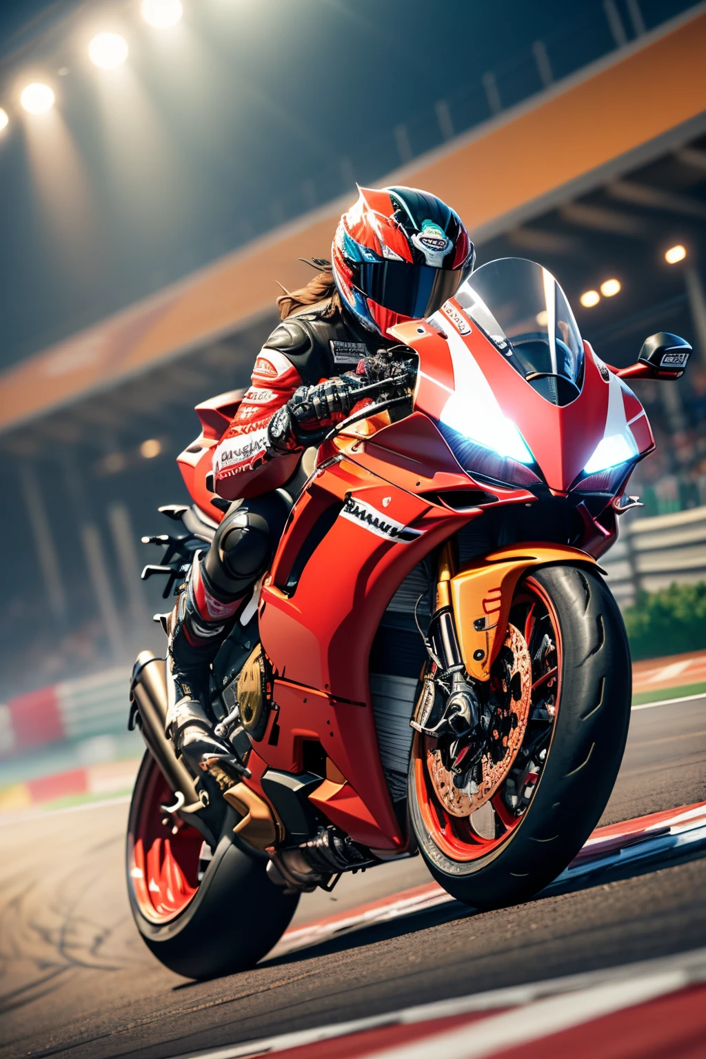 motorcycle rider in red and Black on a red and black motorcycle, riding a futuristic Ducati Panigale V4 race motorcycle, there a motorcycle that on a race track with lights, race track background, center Curved composition, on a racetrack, red and Black theme, motorsports photography, arena background, at racer track, game cg, cycles4d render, cycles 3 d render, racing, rgp artwork, dark hangar background, red and yellow back light, cycle render, high detail, Futurism, Realism, Futurism, glowing light, masterpiece, super detail, high details, award winning, high details