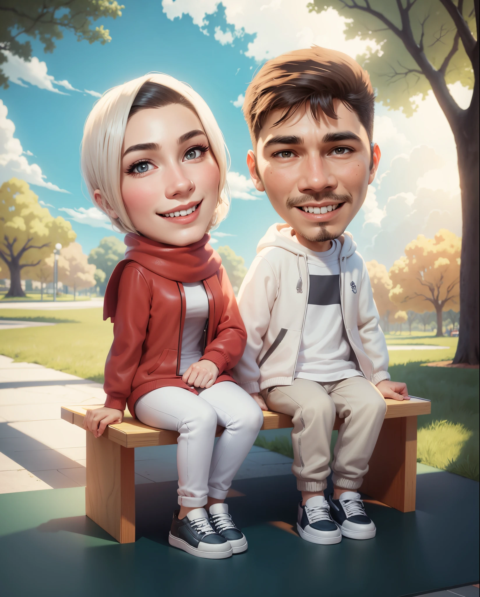 cartoon couple sitting on a bench in a park with trees, digital art cartoon, cartoon artstyle, realistic cartoon, cartoon digital art, in cartoon style, cartoon art style, cartoon art, cartoon digital painting, realism artstyle, caricature illustration, photorealistic!!!!!!! art style, happy couple, cartoon style illustration, cartoon portrait, potrait, digital cartoon painting art, couple