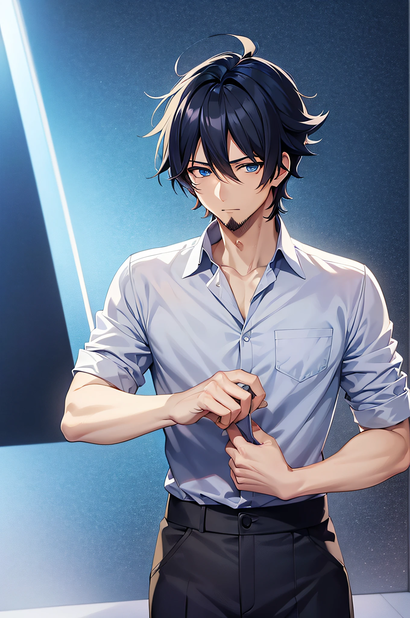 anime boy, tall anime guy with blue eyes, anime boy, handsome anime pose, perfect blue eyes, 4 k manga wallpaper, high quality fanart, digital anime illustration, male anime style, anime handsome man, stubble, slight facial hair, black hair, sleepy eyes