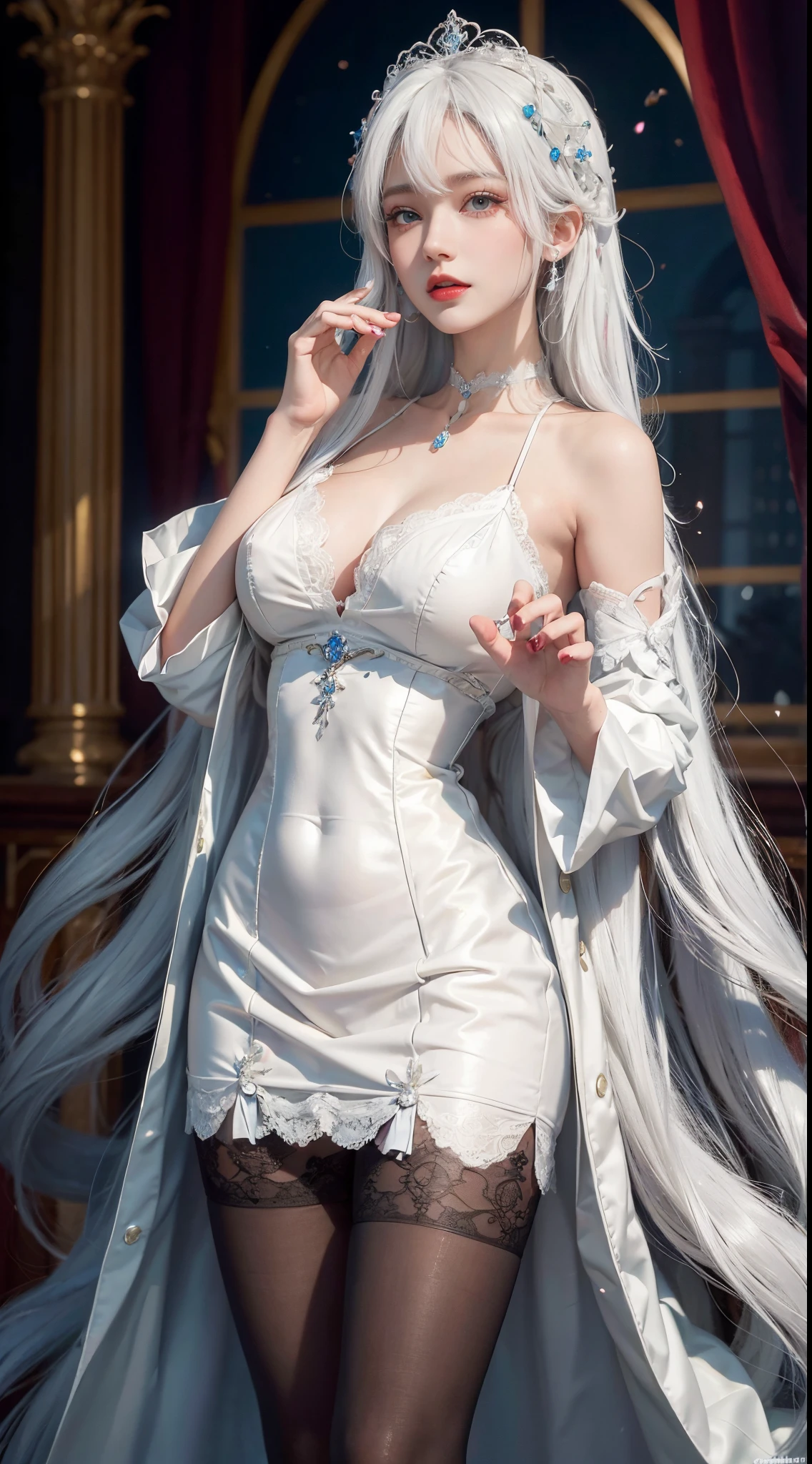 (((Colorful hair, [White hair]))), Ultra-realistic 8k CG, picture-perfect face, flawless perfection, Clean, tmasterpiece, professionalartwork, famousartwork, 电影灯光, cinematicbloom, s the perfect face,(young:1.2),((20yr old)), pretty face, pretty eyes, (((Perfect female body, Willow waist))), Young princess, Royal, Holy, goddes, Holy, (royal palace), fanciful, It's like a dream, unreality, scientific fiction, (normal:1.2), ta costume，Beautiful outfit, Lace, Lace edges, Lace-trimmed tights, NSFW,, Ridiculously long hair, Very long hair, (Rich:1.4), choker necklace, 耳Nipple Ring, bangle, armlets, view the viewer,(Tong:1), (Hands have up to five fingers), (Redlip)