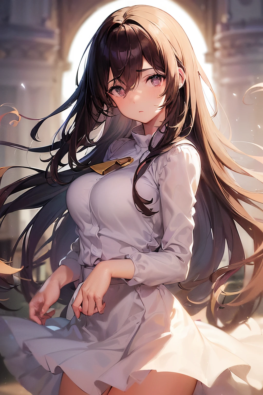 Masterpiece, highest quality, ultra-definition, ((high-resolution CG)), (brown-haired girl (warm brown hair, pink-brown emphasis)), (blue eyes (shining eyes)), ((light blue sailor uniform emphasis) )), ( (White shirt emphasized)), ((Light blue ruffled skirt with long sleeves emphasized)), ((Light blue sailor suit (Light blue skirt uniform emphasized), (8k_wallpaper), 1 girl, (Background full shot) (Illustration: 1.0 ), Masterpiece , Top quality, detailed face and eyes, 1 girl, ((beautiful body: 1.4)), ((quiet atmosphere emphasis: 1.4)), ((bright room with lights emphasized)), ((floating hair) (Physics) Emphasis: 1.4)), ((Emphasis on a girl being walloped by a boy: 1.4)), ((Emphasis on a girl with a flushed face: 1.4)), ((Emphasis on late at night: 1.4)), ((White room) Wall enhancement: 1.4)), (Solo focus), (Overall)), Ambient light, Foreground background blur, Atmosphere, ((Composite detail enhancement: 1.4)), ((Soft light long hair enhancement: 1.4)), ((Shiny hair enhancement: 1.4)), (Bangs), Camera eye, Detail, Masterpiece, Best, Wonderful, Gorgeous, Stylish, Illustration, ((Beautiful girl) Hair detail enhancement: 1.4)), ((Beautiful girl detail) enhancement :1.4)), Female, Detail, ((Floating hair)), ((Fog particle enhancement: 1.4)), ((Fantastic) background enhancement: 1.4) ), ((Milk white enhancement: 1.4)), ( (pupil gradation emphasis)), ((silhouette emphasis): 1.4)), breast shaking, motion blur, moving lines, large breasts,