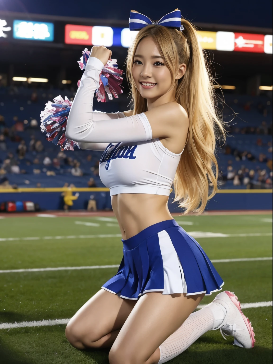 (((top-quality、8K、photographrealistic:1.4、​masterpiece)))、Back lighting、Highly detailed facial texture woman、18year old、(((Blue Cheerleader:1.2)))、((Stadium Background:1.2))、with arms up、A smile、open open mouth、Shiny blonde hair and long hairstyle、a blond。long。Parted sleeves, bare shoulders​, Center opening, cleavage of the breast, Central chest,crouching cowgirl、bow ribbon。Twin-tailed。Kneeling。Golden hair