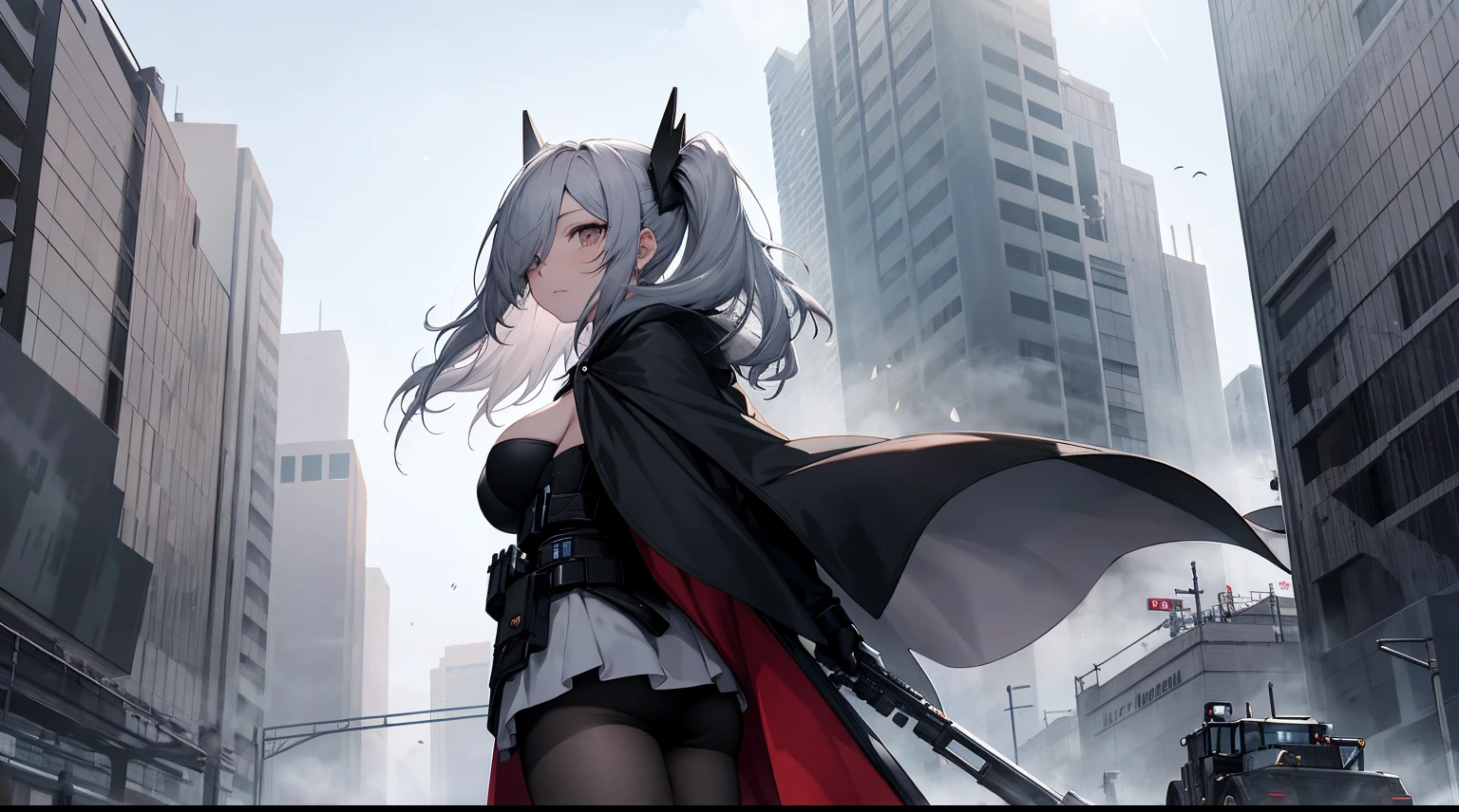 ((tmasterpiece:1.4, Best quality at best))+, (hyper-detailing)+, (delicate brown eyes:1.5)+, (Detailed ears:1.5), (cute girls), (White silk tights:1.5), Black cape, Long hair details,side double ponytail,no headwear,(White flowers:1.2), pale-skinned, (red cloth:1.5), (Black Martin boots:1.4), Towering trees in the city,Surrounded by huge black trees, The whole city shrouded in thick fog,Mechanicalweapon, Construction machinery,Giant black crystals are scattered throughout the city,Looking up at tall buildings from the street,Flying dust,black flag,sun in clouds,(Wanderers:1.1), (dawn light:1.2), ), (closeup cleavage:1.1), the only person, the clock tower, bright gray hair, hair covering one eye, Gloom (expressed), from back, from below, Best quality at best, A high resolution, high detal, high high quality, 16k