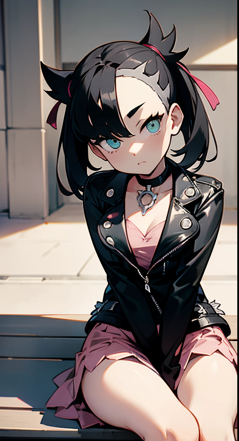 masterpiece, best quality, perfect anatomy, Marnie, same pose, Marnie wearing pink dress, black leather jacket,  expressionless look, brighter scene, outside, morning, sitting on a bench, sfw