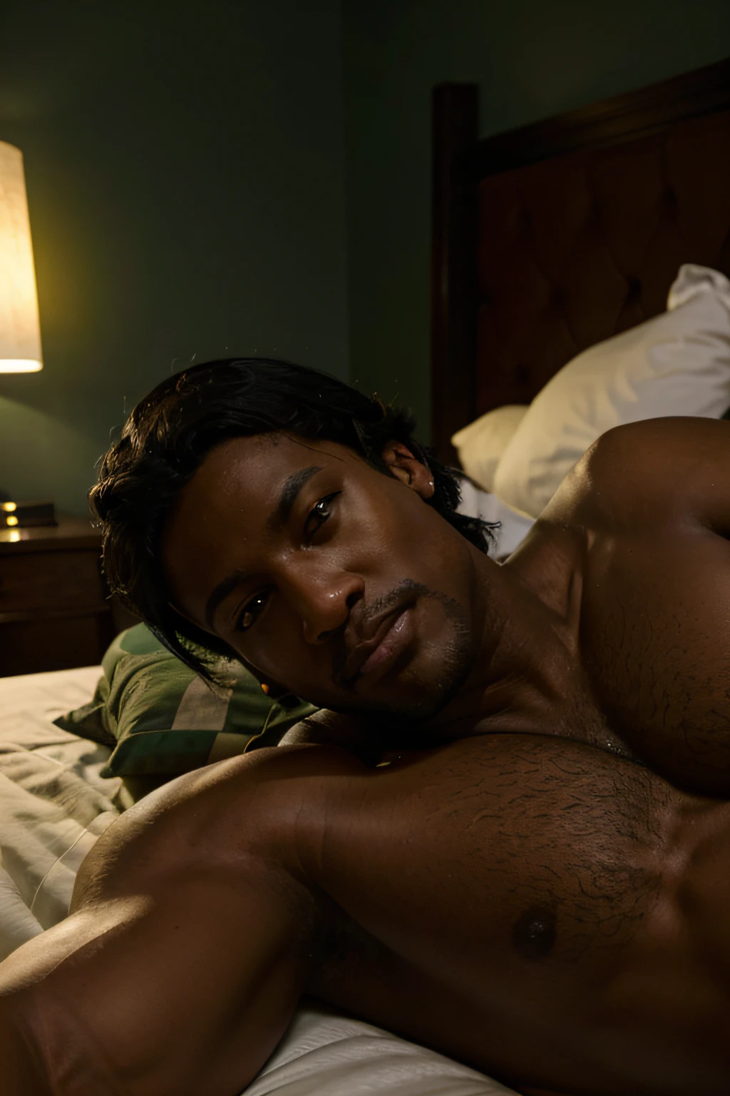 Black man lying in a vintage hotel room, sin camisa, Es muy musculoso, en forma y sexy, Sus ojos son verdes, luz corta, hiperrealista, 4k.