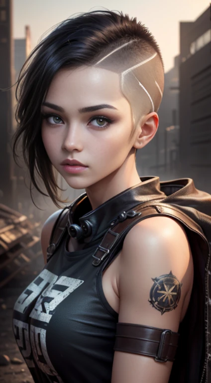 Quality (photo realistic style, UHD, 16k, Textured skin, superdetail, hight resolution), handsome girl, The perfect female face, 詳細な目, (crew cut: 1.5), apocalyptic world in the background