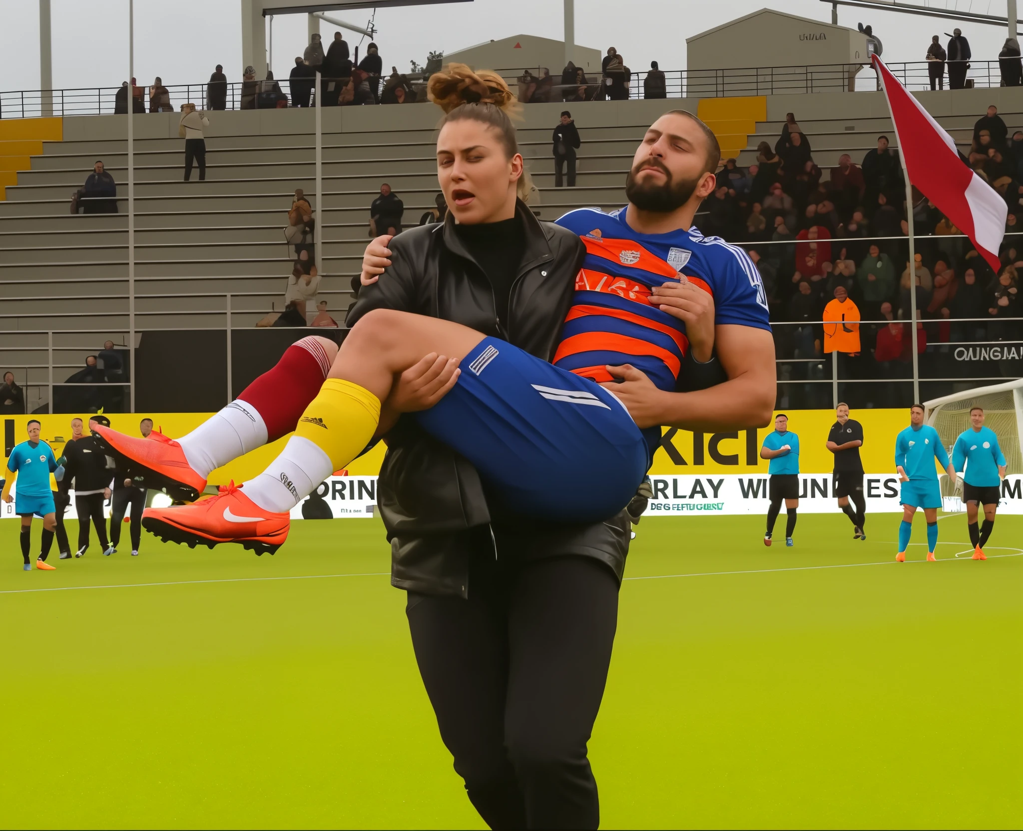A big and beautiful woman carries the wounded man's body in her hands, Andrea grabs his legs and his body with her hands, the bearded man in Andrea's arms is visibly in pain, stadium atmosphere, the bearded man is lying consciousless in Andrea's arms with one arm hanging down, A scene at a soccer stadium, a bearded man lying in a caring women's arms, lying helpless in her arms with his head dangling down, he has one arm dangling down while being carried in the women's arms, There is an attractive and heavily made-up woman in a long black leather coat, A pretty woman in a shiny black leather coat on a soccer field, A wonderful woman is holding a passed out man, A man in matt and roughened sportswear is held diagonal in her arms, a man in a woman's arms and lets one arm dangling down, we see the man held in front of the woman's body, the man is cradled in the woman's arm while being carried, the beautiful woman is exceptionally heavily made up and has an extremely desperate and very angry expression on her face, high-resolution photo, realistic sports photo, soccer scene, woman in black shiny long leather coat, injury scene, real photo, ultra realistic, high definition, sports photography