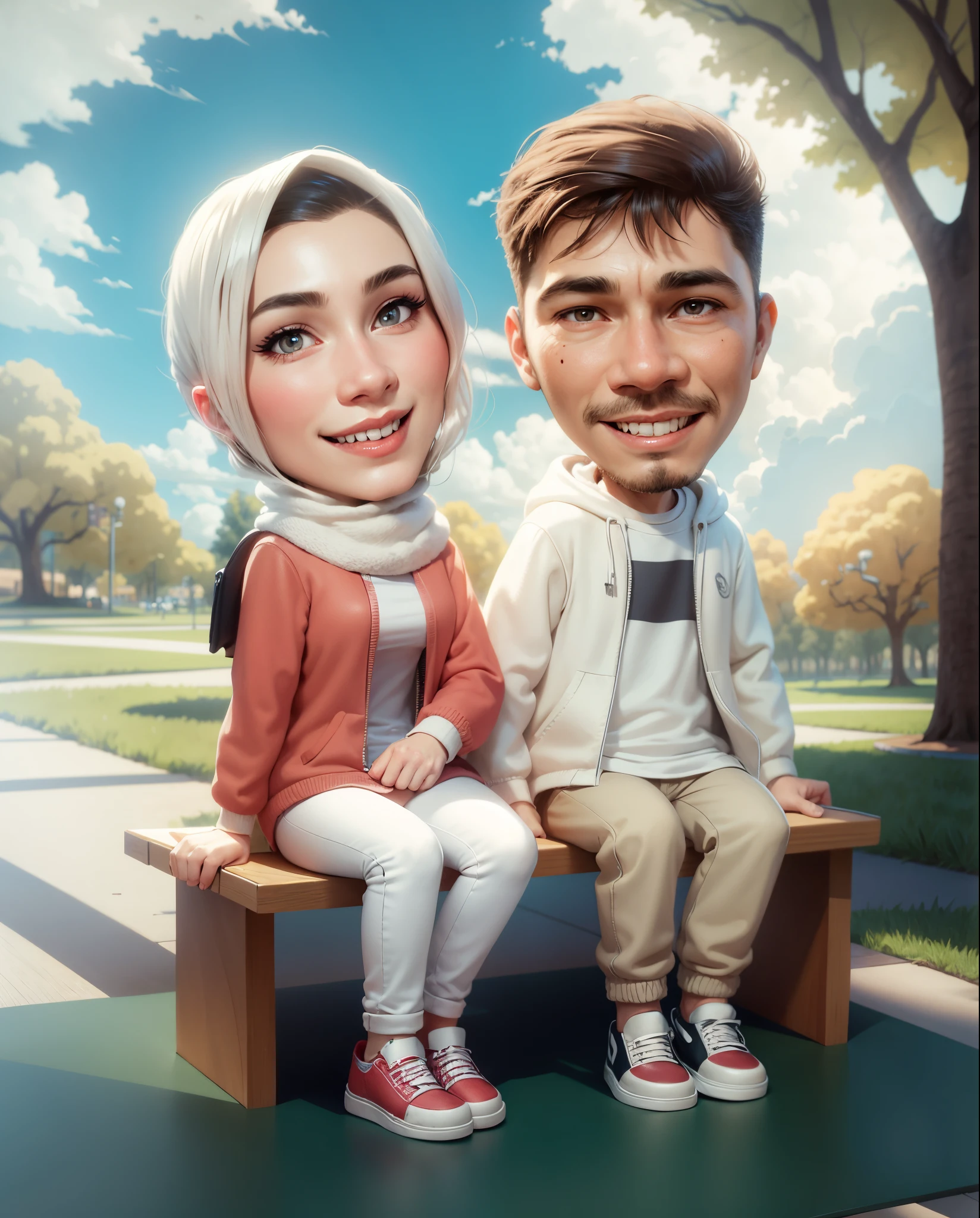 cartoon couple sitting on a bench in a park with trees, digital art cartoon, cartoon artstyle, realistic cartoon, cartoon digital art, in cartoon style, cartoon art style, cartoon art, cartoon digital painting, realism artstyle, caricature illustration, photorealistic!!!!!!! art style, happy couple, cartoon style illustration, cartoon portrait, potrait, digital cartoon painting art, couple