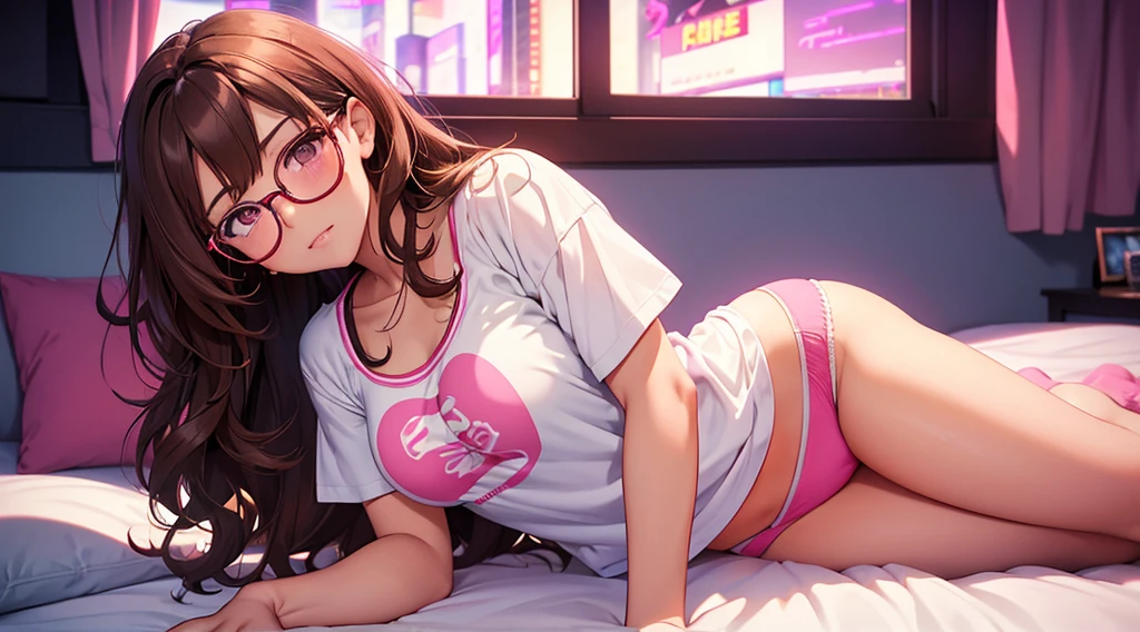 Masterpiece, best quality, 1 girl, brown wavy hair, glasses, white tee shirt, pink underwear, on bed, looking at viewer, y, alluring, erolushing, in front of window, city at night, neon, 80s, synthwave