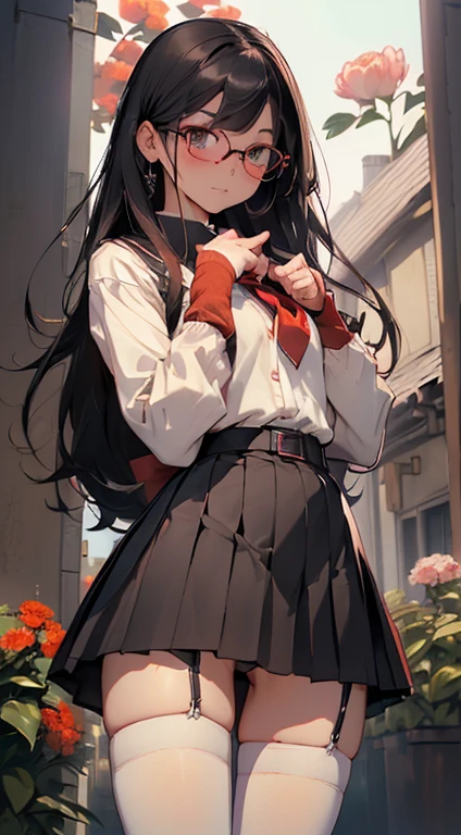 (Long black straight hair)、 Standing facing the front 、Full body posture、 (A detailed eye、二重まぶた、eye glasses、embarrassed from)、 (School Uniforms:1.3)、(tight mini pleated skirt:1.3)、(Skirt lift:1.3)、(Showing white tight micro panties:1.3)、(garterbelts:1.3)、(thigh-high socks:1.3)、 ((Medium chest)) 、((Cameltoe:1.3)、(Model body type、(Slim waist)、(zettai ryouiki:1.3)))、(５Fingered hand、Highly detailed facial and skin texture)、 (ultra close up:1.3)、Focus on the crotch、(From below))、((top-quality、8K,​masterpiece:1.3))、(Beautiful woman with perfect figure:1.4)、(Many colorful flowers bloom in the background:1.3)