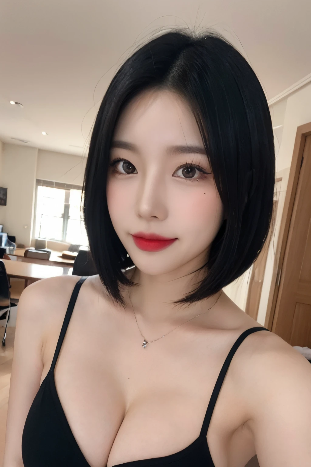Black hair, hair bobbles, longeyelashes, solid circle eyes, light smile, mole under eye, light smile, shy, puckered lips, Surrealism, drop shadow, stereogram, pov, atmospheric perspective, depth of field, first-person view, f/1.8, 8k, super detail, ccurate, best quality, highres, best quality,short cut hair, (beautiful detailed makeup), (sexually aroused blushing heavy breathing:1.0), (soft glow bloom:0.5),mole under eye:1.4,smile:1.5,huge breasts :1.5 ((Best quality, 8k, Masterpiece :1.3)), Sharp focus :1.2, A pretty woman with perfect figure :1.4, Slender abs :1.2, (Natural light, City street:1.1), Highly detailed face and skin texture, Detailed eyes, Double eyelid