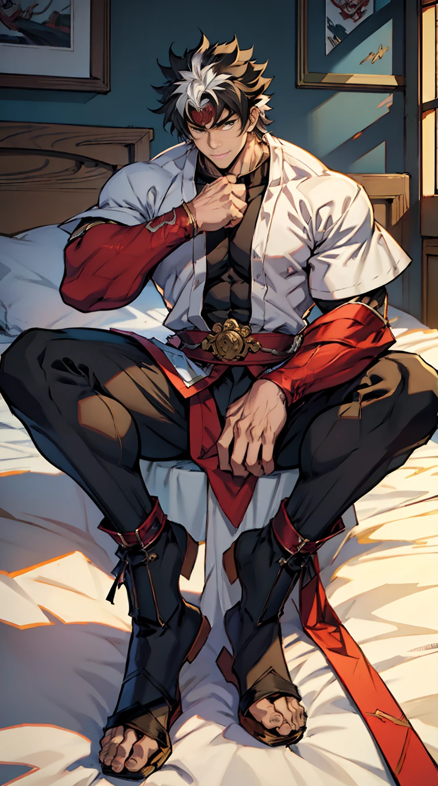 anime character sitting on a bed with a shirt on, handsome anime pose, anime handsome man, handsome guy in demon slayer art, commission for high res, muscular!!, beefcake pose, top rated on pixiv, male anime character, male art, baki style, sfw version, handsome japanese demon boy, badass anime 8 k, sitting on the bed