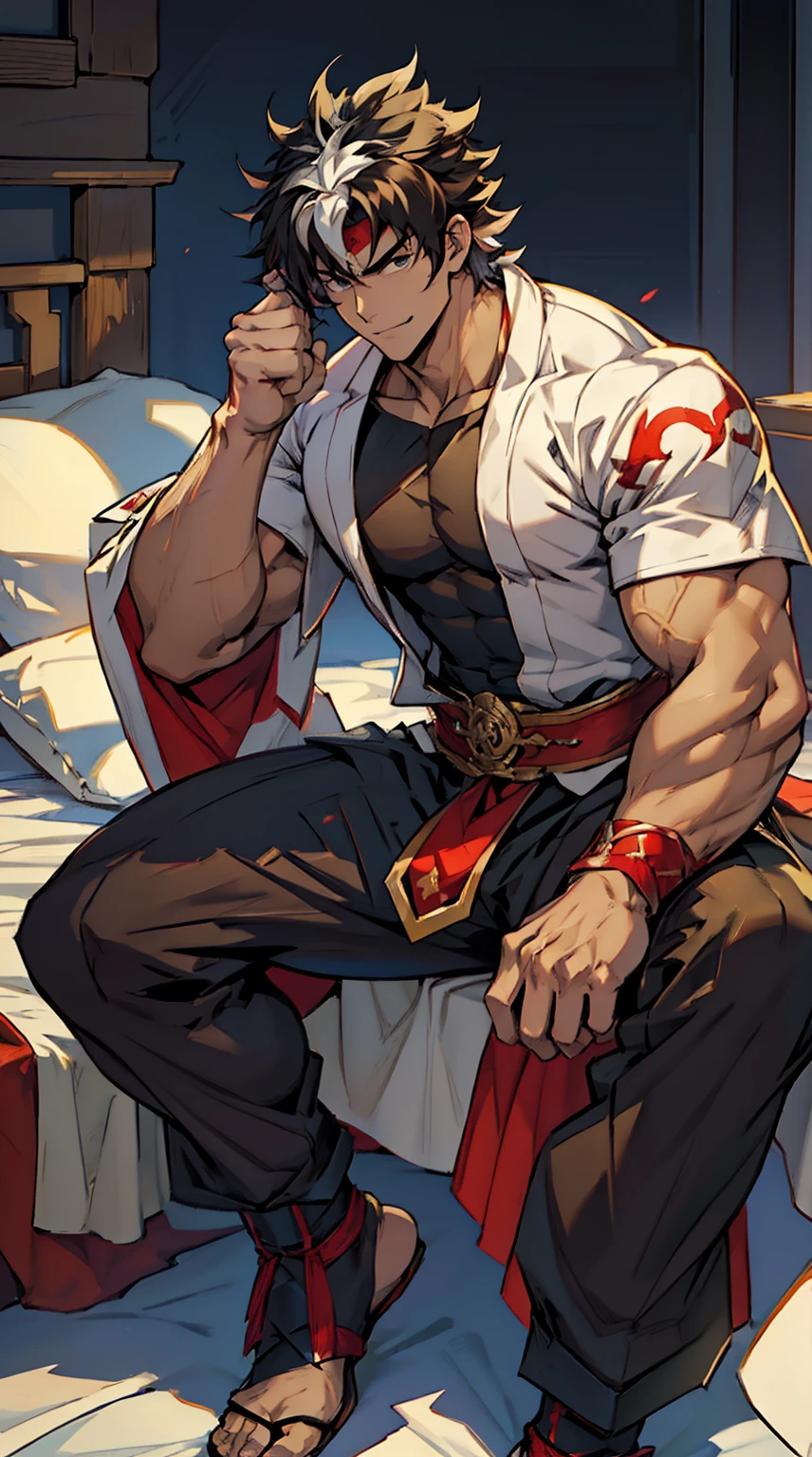 anime character sitting on a bed with a shirt on, handsome anime pose, anime handsome man, handsome guy in demon slayer art, commission for high res, muscular!!, beefcake pose, top rated on pixiv, male anime character, male art, baki style, sfw version, handsome japanese demon boy, badass anime 8 k, sitting on the bed