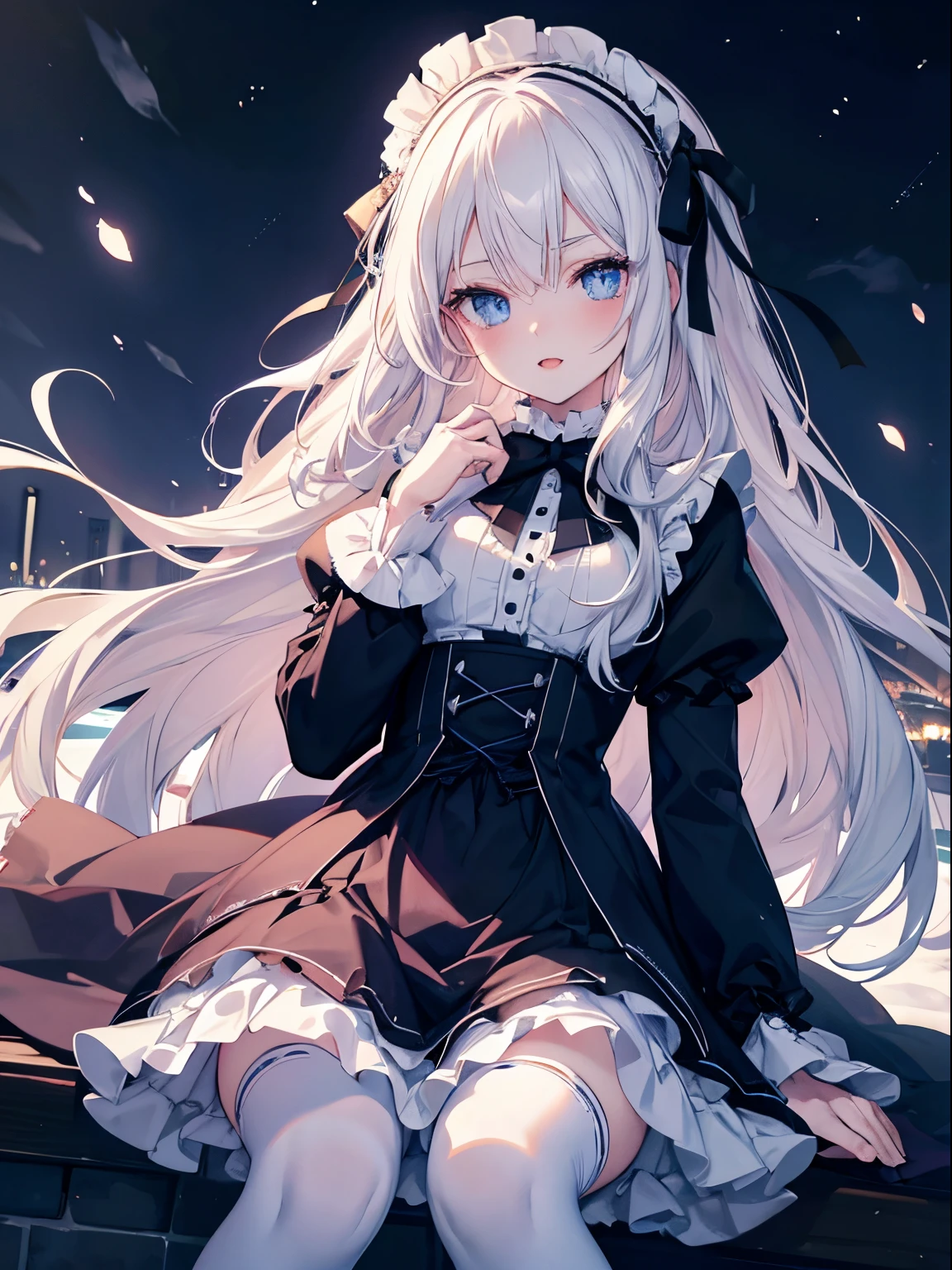 masutepiece, Highest Quality, (Perfect face:1.1), (high detailing:1.1), (ultradetailed eyes), Dramatic, superfine illustration, Extremely detailed, 1girl in, (pale skin), long white hair, Ethereal eyes, Blue eyes,tareme, (light eyebrow),blush,Solo,Smile, Happy, Laugh, Enjoy, Open mouth, Pouty lips,Cinematic lighting, Looking at Viewer, Cowboy Shot,Winters,Snow,Long sleeve, Gothic lolita, frilld, bow ribbon,Head dress, knee high socks,(Room),Night atmosphere, Starry Night