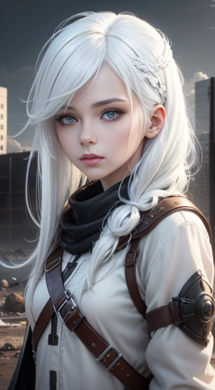 Quality (photo realistic style, UHD, 16k, Textured skin, superdetail, hight resolution), handsome girl, The perfect female face, 詳細な目, (white colored hair: 1.5), apocalyptic world in the background