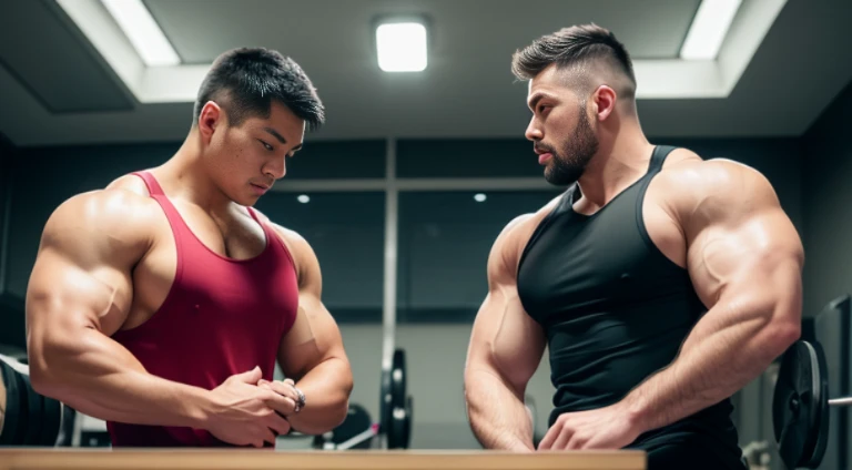(Very detailed 8k wallpaper), two asian men, muscle worship, arms folded, At the gym, high detailing, buzzcut, very large and strong body, bulging muscles, well-muscled, very large pectoral muscles. Very sexy abs, legs are muscular, Toned figure, lightens oily skin, muscular, Tank top, T-shirt, longshot, Wide Shot