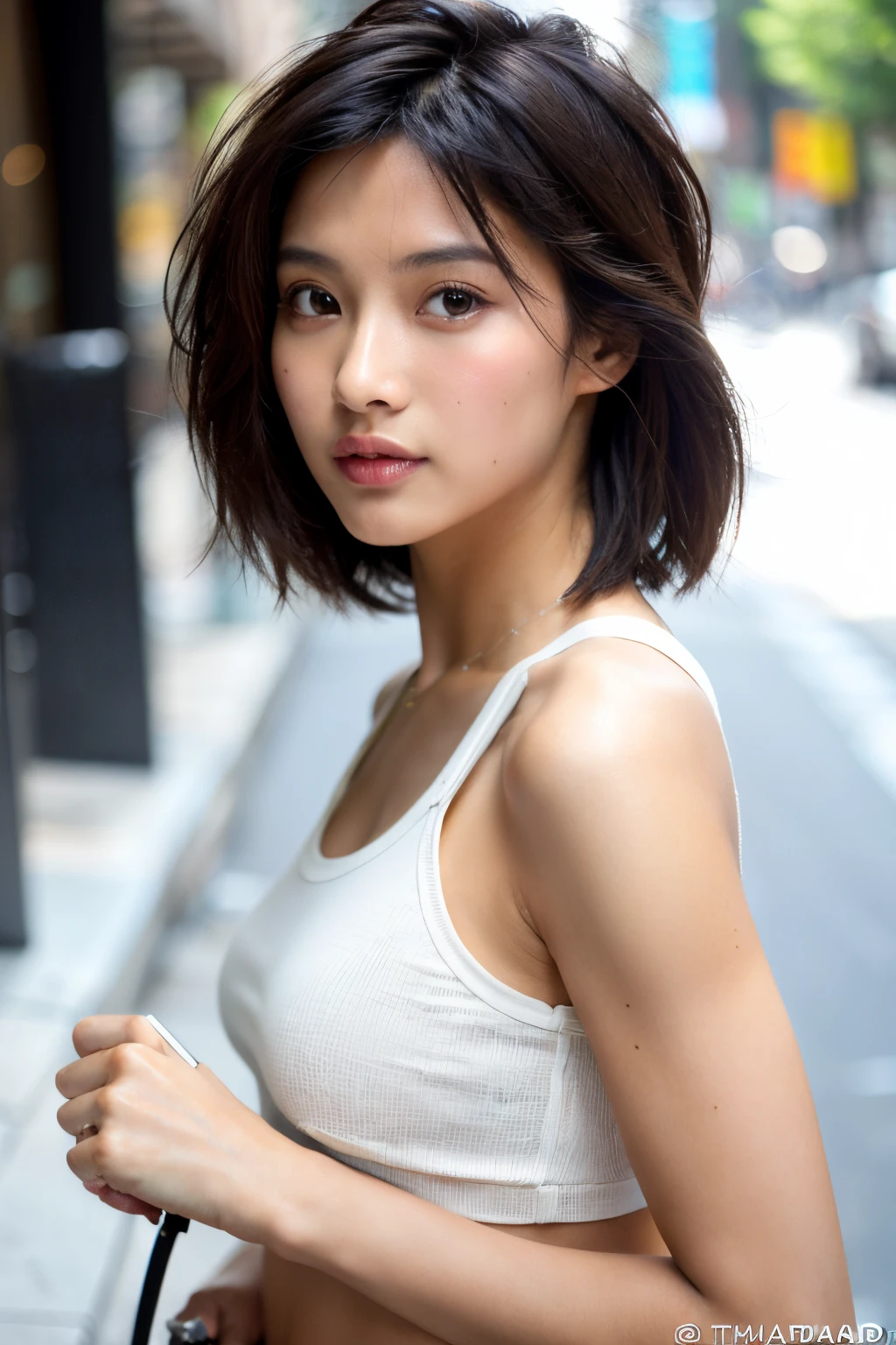 ((Best quality, 8k, Masterpiece: 1.3)), Sharp focus: 1.2, A beautiful woman with perfect body: 1.4, Slim abdomen: 1.2, ((Layered haircut, Large breasts: 1.2)), (no bra) (Small and beautiful hard nipple) (Thin and damp button up to shirt length: 1.1), (White shirt wet by rain), (Rain, Street: 1.2), Wet body: 1.1, Highly detailed face and skin texture, Detailed eyes, Double eyelid, tanned skin, sexy, tan, dark skin, tanned body, exposed shoulders, cleavage