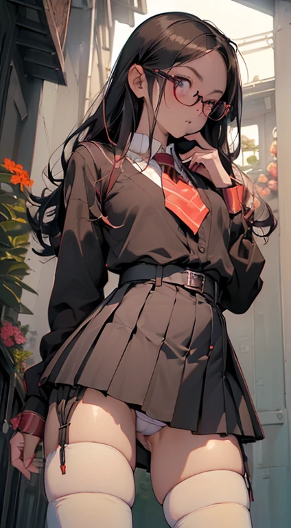 (Long black straight hair)、 Standing facing the front 、Full body posture、 (A detailed eye、二重まぶた、eye glasses、embarrassed from)、 (School Uniforms:1.3)、(tight mini pleated skirt:1.3)、(Skirt lift:1.3)、(Showing white tight micro panties:1.3)、(garterbelts:1.3)、(thigh-high socks:1.3)、 ((Medium chest)) 、((Cameltoe:1.3)、(Model body type、(Slim waist)、(zettai ryouiki:1.3)))、(5Fingered hand、Highly detailed facial and skin texture)、 (ultra close up:1.3)、Focus on the crotch、(From below))、((top-quality、8K,masterpiece:1.3))、(Beautiful woman with perfect figure:1.4)、(Many colorful flowers bloom in the background:1.3)