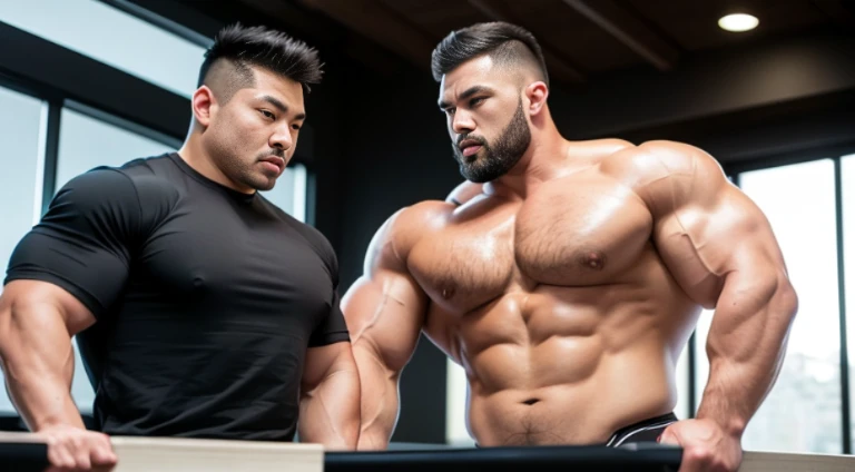 (Very detailed 8k wallpaper), two asian men, muscle worship, arms folded, At the gym, high detailing, buzzcut, very large and strong body, bulging muscles, well-muscled, very large pectoral muscles. Very sexy abs, legs are muscular, Toned figure, lightens oily skin, muscular, Tank top, T-shirt, longshot, Wide Shot