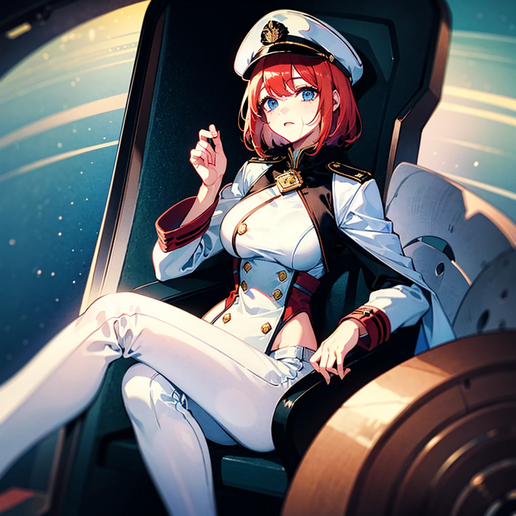 (((masterpiece)))、(((Top image quality)))、(((top-quality)))、(Illustration of one woman)、30-years old、(Viceroy)、((Red-haired shorthair))、(Thin hair hanging down both sides of the face)、Blue eyes、((Tall))、((Muscle Woman、stocky build、broad shoulders))、((manspreading))、opening legs、((Military uniforms))、((Military Cap))、((Military coat))、(white clothes)、(White pants)、(White cap)、trench coat、((Inside the spaceship、Sitting in the captain's seat))、(Outside the window、kosmos、Earth seen from space、Spaceport)