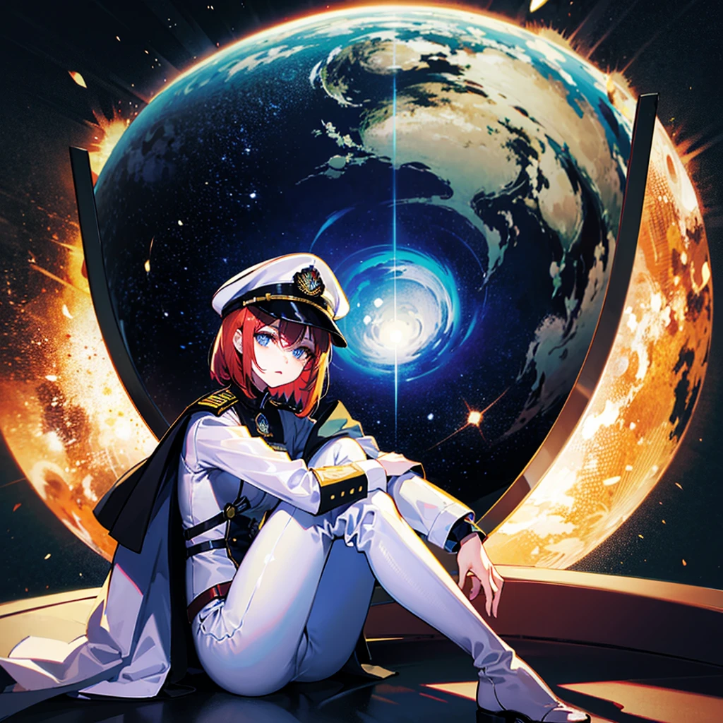 (((masterpiece)))、(((Top image quality)))、(((top-quality)))、(Illustration of one woman)、30-years old、(Viceroy)、((Red-haired shorthair))、(Thin hair hanging down both sides of the face)、Blue eyes、((Tall))、((Muscle Woman、stocky build、broad shoulders))、((manspreading))、opening legs、((Military uniforms))、((Military Cap))、((Military coat))、(white clothes)、(White pants)、(White cap)、trench coat、((Inside the spaceship、Sitting in the captain's seat))、(Outside the window、kosmos、Earth seen from space、Spaceport)