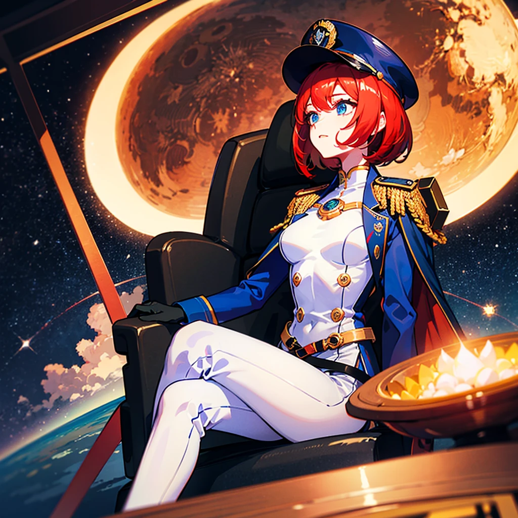 (((masterpiece)))、(((Top image quality)))、(((top-quality)))、(Illustration of one woman)、30-years old、(Viceroy)、((Red-haired shorthair))、(Thin hair hanging down both sides of the face)、Blue eyes、((Tall))、((Muscle Woman、stocky build、broad shoulders))、((manspreading))、opening legs、((Military uniforms))、((Military Cap))、((Military coat))、(white clothes)、(White pants)、(White cap)、trench coat、((Inside the spaceship、Sitting in the captain's seat))、(Outside the window、kosmos、Earth seen from space、Spaceport)