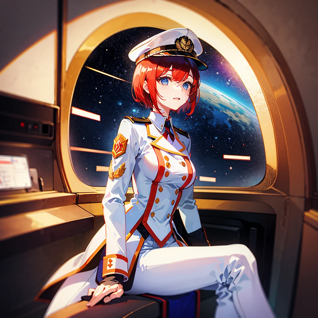 （（（​masterpiece）））、（（（Top image quality）））、（（（top-quality）））、（Illustration of one woman）、30-years old、（Viceroy）、（（Red-haired shorthair））、（Thin hair hanging down both sides of the face）、Blue eyes、（（Tall））、（（Muscle Woman、stocky build、broad shoulders））、（（manspreading））、opening legs、（（Military uniforms））、（（Military Cap））、（（Military coat））、（white  clothes）、（White pants）、（White cap）、trench coat、（（Inside the spaceship、Sitting in the captain's seat））、（Outside the window、kosmos、Earth seen from space、Spaceport）