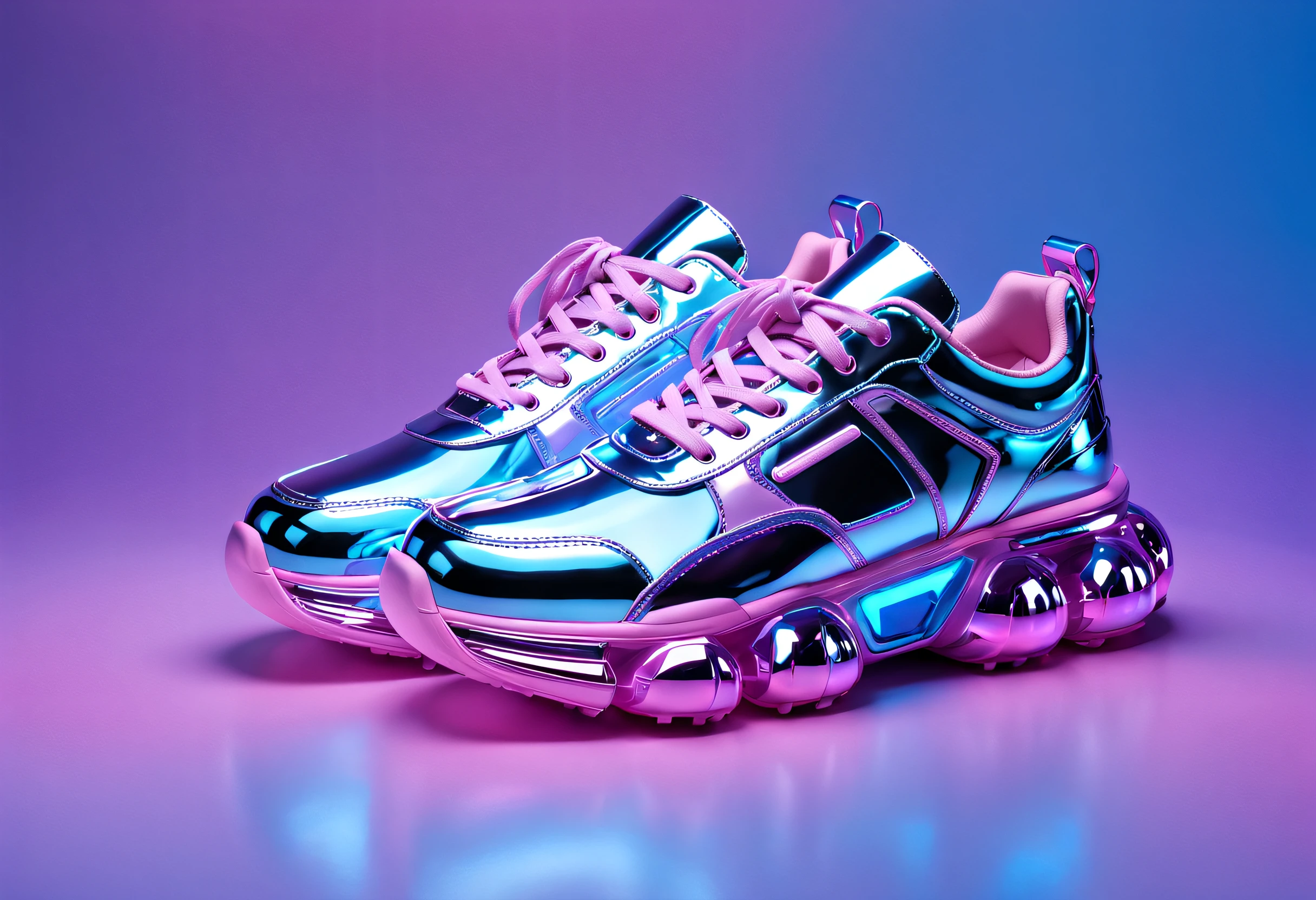 a pair of shiny silver blue sneakers on top of stars, in the style of rachel maclean, light purple and amber, chrome plated, in the style of futuristic sci fi aesthetic, light sky blue and light violet, clear colors, kawaii aesthetic, dark pink and blue, chromepunk, unreal engine 5, tanya shatseva, frozen movement, in the style of luminous 3d objects, light sky blue and light magenta, clear edge definition, gothic futurism, kawaii aesthetic, imax, gemstone, futuristic sneakers, heavy metal rave shoes, inflatable future shoes, sneaker shoes, purple and pink and blue neons, cyber universe style, purple and blue neons, sneaker design, maximalist vaporwave, vaporwave lights, purple and blue neon, holographic, holographic space