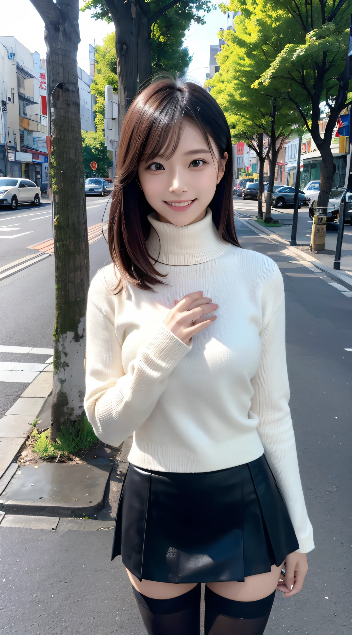 1girl in, 24 year old,（12-head body:2.0）,（beauty legs:2.0),(Refreshing smile:1.2),straight haired, Long hair, （hide one's hands:2.0） 、(Street Trees:1.2)、High neck knit, （Black tight skirt:1.5）,（Black stockings）, (a japanese girl, hposing Gravure Idol), 、(Street Trees:1.2)、(Look at viewers:1.1, 135 mm, Fuji Film,