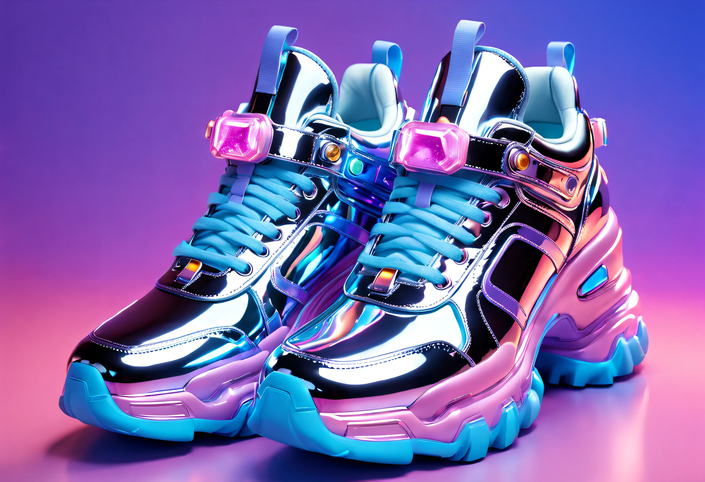 a pair of shiny silver blue sneakers on top of stars, in the style of rachel maclean, light purple and amber, chrome plated, in the style of futuristic sci fi aesthetic, light sky blue and light violet, clear colors, kawaii aesthetic, dark pink and blue, chromepunk, unreal engine 5, tanya shatseva, frozen movement, in the style of luminous 3d objects, light sky blue and light magenta, clear edge definition, gothic futurism, kawaii aesthetic, imax, gemstone, futuristic sneakers, heavy metal rave shoes, inflatable future shoes, sneaker shoes, purple and pink and blue neons, cyber universe style, purple and blue neons, sneaker design, maximalist vaporwave, vaporwave lights, purple and blue neon, holographic, holographic space