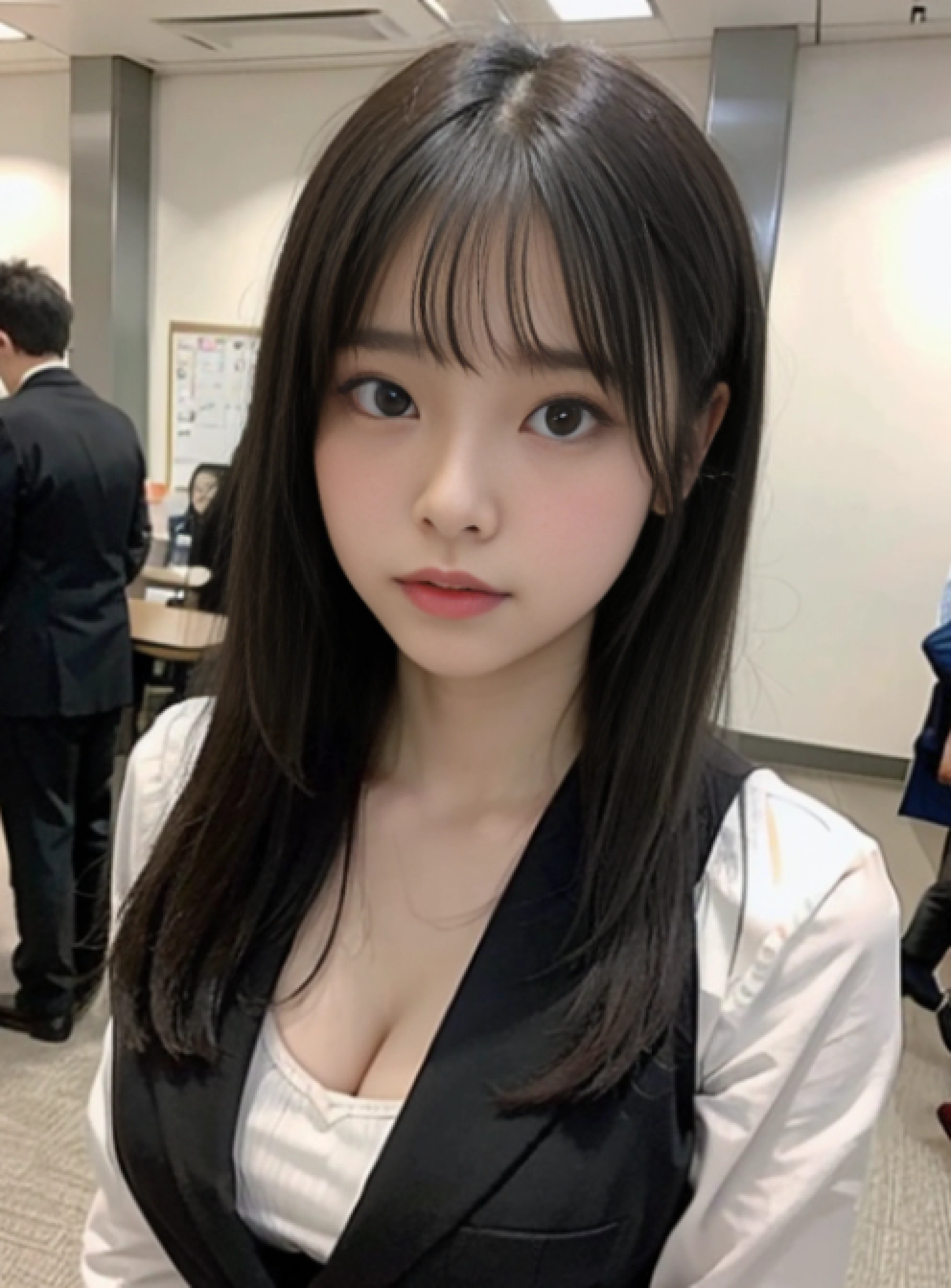 15yo student、Lori、childish、Colossal tits、Colossal breasts on the verge of bursting、black suits、Job hunting、Face-to-face、