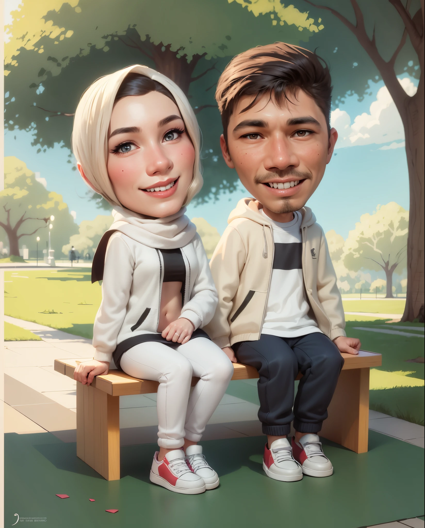 cartoon couple sitting on a bench in a park with trees, digital art cartoon, cartoon artstyle, realistic cartoon, cartoon digital art, in cartoon style, cartoon art style, cartoon art, cartoon digital painting, realism artstyle, caricature illustration, photorealistic!!!!!!! art style, happy couple, cartoon style illustration, cartoon portrait, potrait, digital cartoon painting art, couple